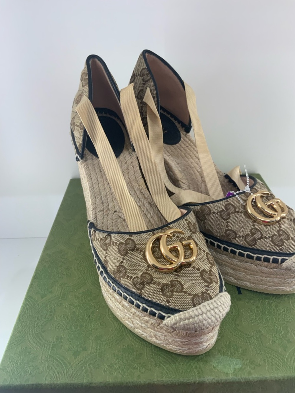 Pre Owned Gucci Beige Brown GG Canvas Espadrille Wedges Shoes with Gold GG w Box - Picture 1 of 8